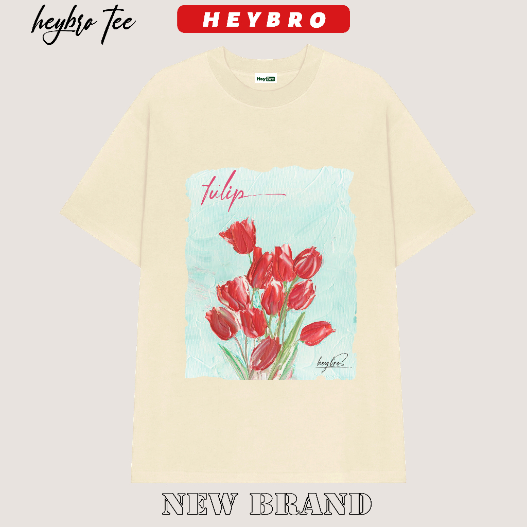 Áo thun nam nữ local brand HEYBRO, Phông tee basic tay lỡ form rộng in hoa Tulip