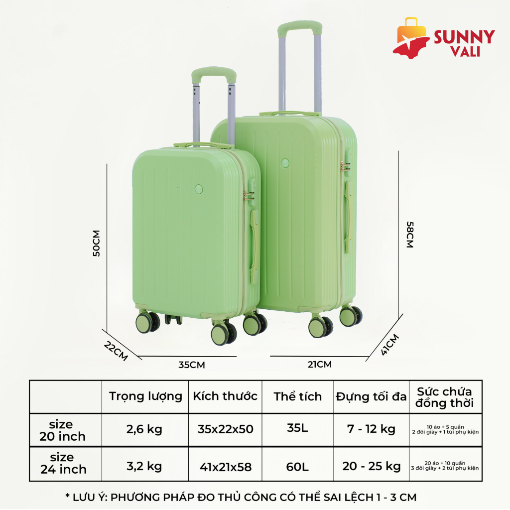 Vali kéo du lịch thời trang SUNNY SV07 nhựa PC + ABS (2 size 5 màu)