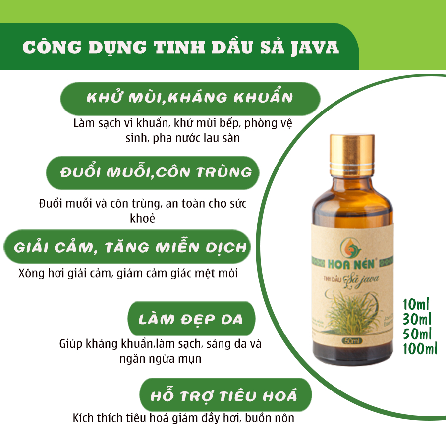 Tinh dầu Sả Java 30ml - Hoa Nén - Hương thơm mát, khử mùi, đuổi muỗi, côn trùng