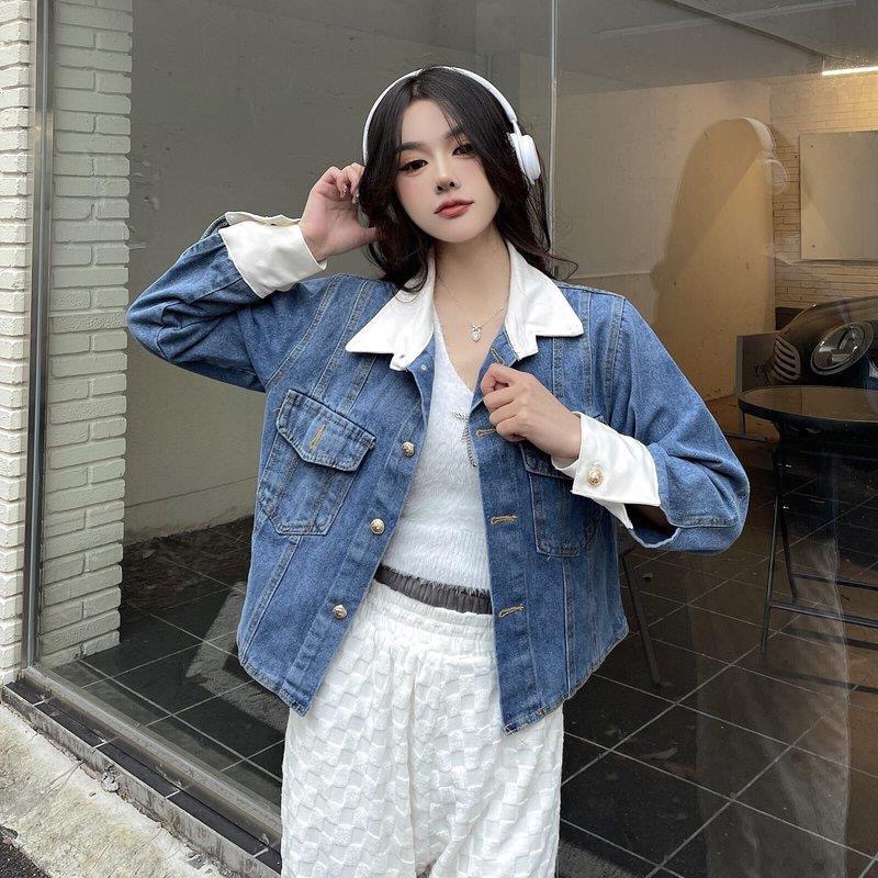 Áo Khoác Bò Phối Tay, Cổ Sơ Mi Mẫu Hot 2023