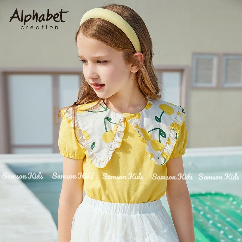 Áo kiểu bé gái cách điệu, áo sơ mi thiết kế cho bé gái cộc tay, chất liệu đẹp