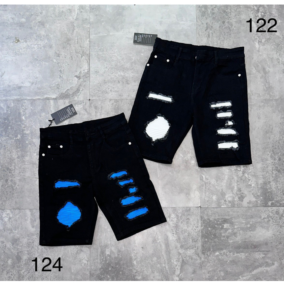 Quần Short Jeans AMIRI Đen Lót Da Siêu Cấp Quần Short Amiri Nam Vá Da Nhăn Đùi Hàng Super Siêu Chất