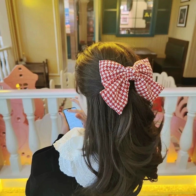 Kẹp tóc phong cách Hàn Quốc hình nơ lớn đơn giản, Kẹp tóc hình nơ họa tiết kẻ ô sự lựa chọn của những cô gái sành điệu