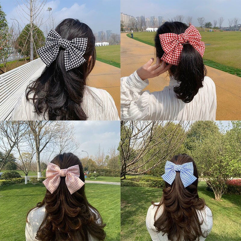 Kẹp tóc phong cách Hàn Quốc hình nơ lớn đơn giản, Kẹp tóc hình nơ họa tiết kẻ ô sự lựa chọn của những cô gái sành điệu