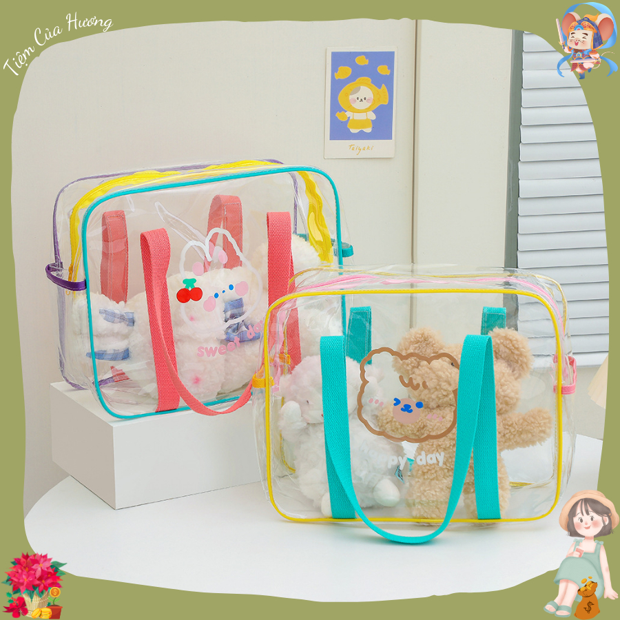 Túi Xách Nhựa PVC Trong Suốt Gấu Thỏ Dễ Thương Đi Biển Đựng Đồ Du Lịch, Make Up, Đồ Cho Mẹ Và Bé Tập Gym Picnic