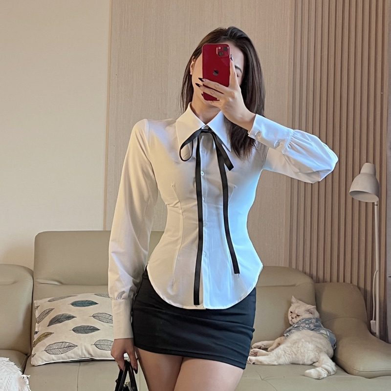 áo sơmi nữ ôm sát cơ thể hàng thiết kế tôn dáng màu trắng chất thô mát không lộ A300
