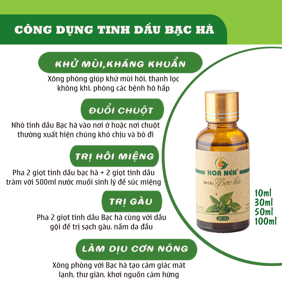 Tinh dầu Bạc Hà nguyên chất 30ml - Hoa Nén - Hương thơm mát, khử mùi, ẩm mốc, đuổi muỗi, côn trùng