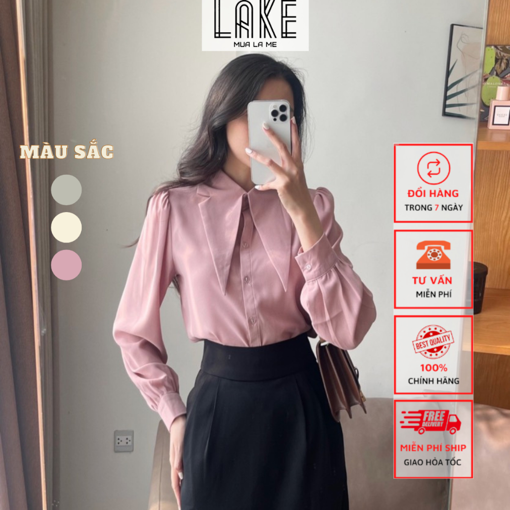 Áo sơ mi nữ Lake fashion sơ mi nữ tay phồng cổ nhọn thanh lịch