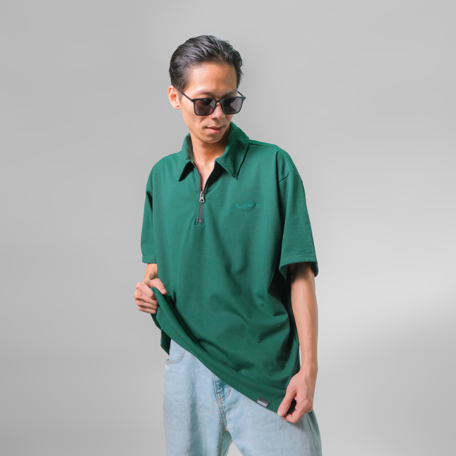 Áo Polo Nam Nữ Oversize Unisex Form Rộng Ngắn Tay Dây Kéo Có Cổ Màu Xanh Lá Local Brand by Xfire  POLO-ESSCAS-GRE622