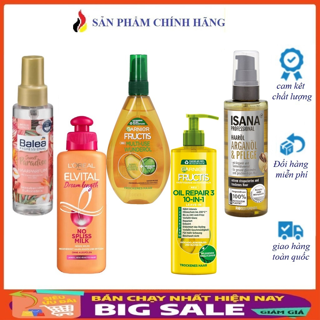 Xịt tóc nước hoa Balea/Isana,Dầu dưỡng tóc  SOS Hair Saver 10in1/ GARNIER kem dưỡng tóc Loreal Elvital -Hàng Đức có Bill