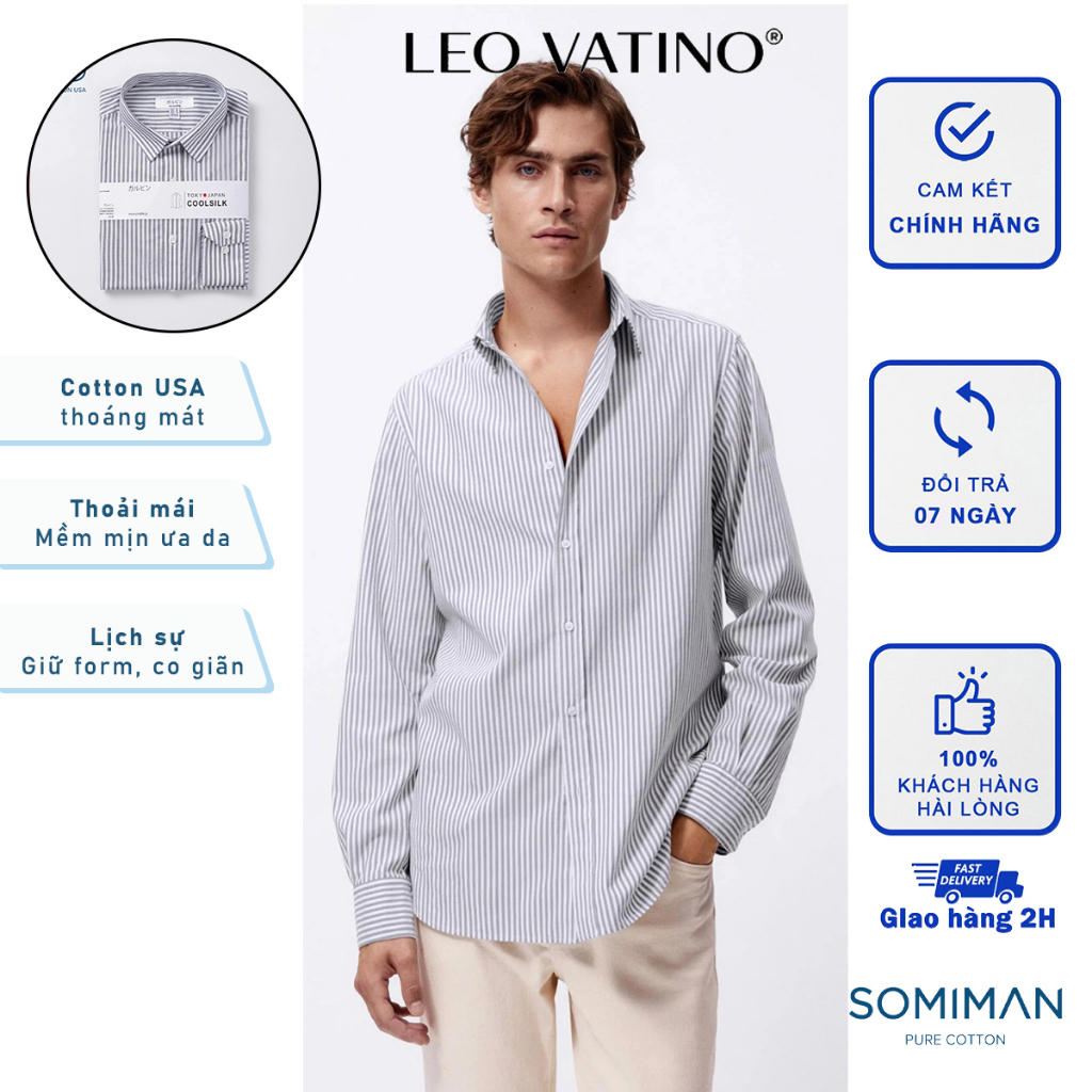 Áo sơ mi nam Cotton USA cao cấp mát co giãn form tiêu chuẩn, họa tiết sọc mềm mịn ưa da SMLIFE02-m3 - Leo Vatino