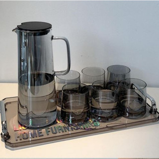 Set bình thủy tinh 6 cốc màu xám khói kèm khay nhựa
