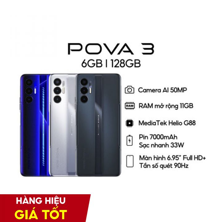 Điện thoại Gaming Tecno POVA 3 (6+5GB)/128GB - Helio G88 - 7000 mAh - Sạc nhanh 33W