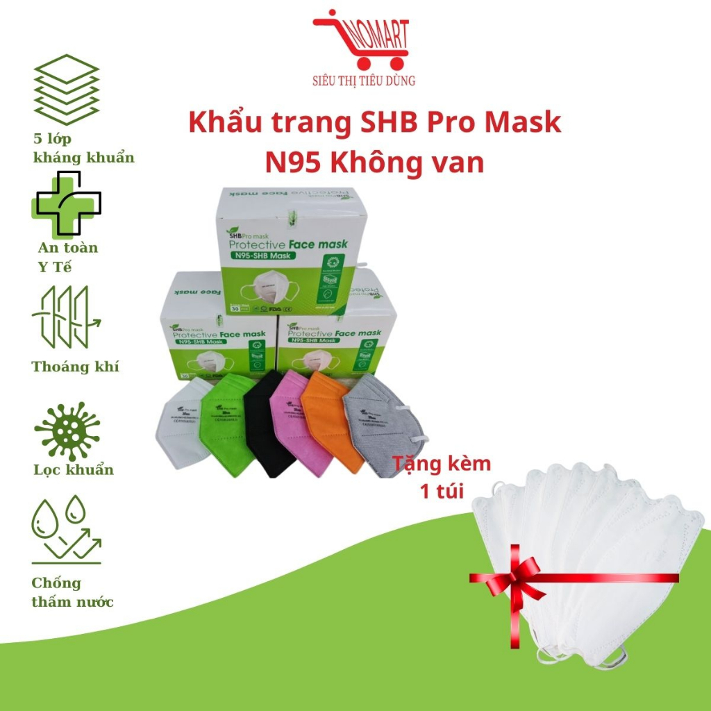 Khẩu trang SHB Pro Mask N95 không van Chính Hãng 5 lớp kháng khuẩn lọc bụi Đạt Chuẩn BYT hộp 20 cái