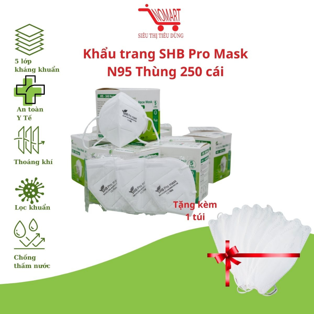 [ Thùng 250 cái] Khẩu trang SHB Pro Mask VN95 Chính Hãng Đạt Chuẩn BYT kháng khuẩn lọc bụi bảo vệ sứ