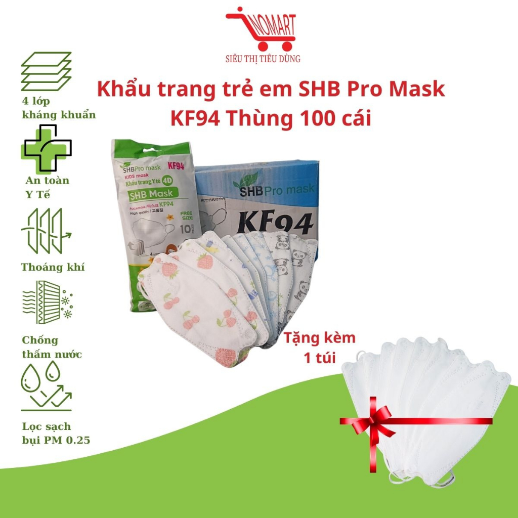 Khẩu trang trẻ em SHB Pro Mask KF94 Chính Hãng Đạt Chuẩn BYT kháng khuẩn lọc bụi bảo vệ sức khỏe 100 chiếc