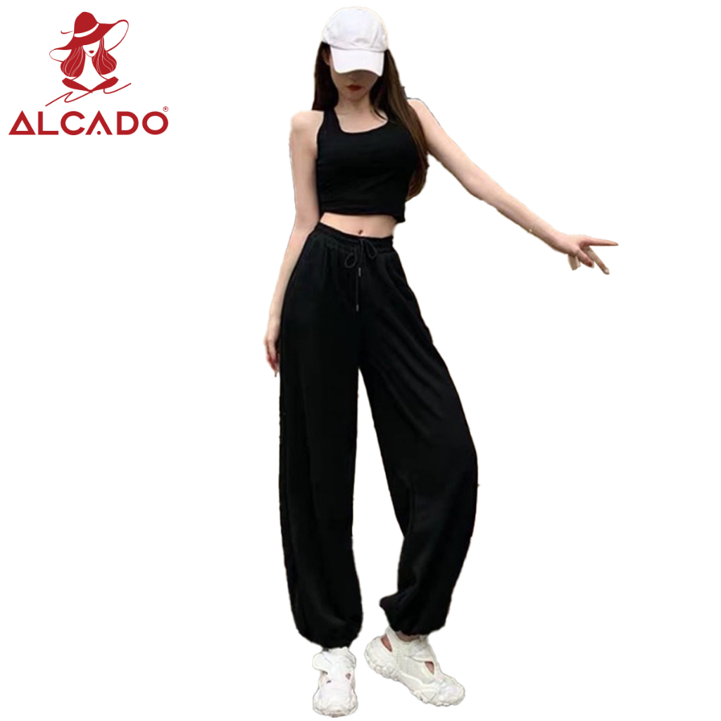 Quần jogger nữ bo gấu trơn vải thun da cá, quan bom ống rộng nữ nỉ thun dáng jogger mặc thu đông