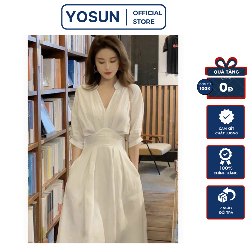Đầm Váy Nữ Cổ V Xếp Li Eo Cánh Dơi Tay Lỡ Phong Cách Tiểu Thư, Đầm Nữ Dạo Phố Dáng Xòe Midi Màu Trắng Kem Đen