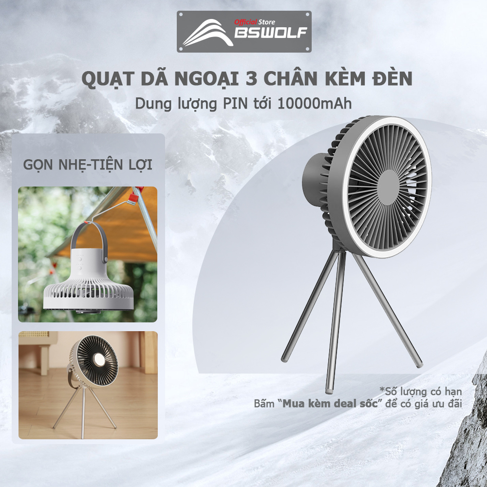 Quạt Tích Điện Đa Năng Mi Cyke Có Giá 3 Chân Để Bàn Treo Lều Kết Hợp Đèn Led Và Sạc Dự Phòng 4000 - 10000mAh