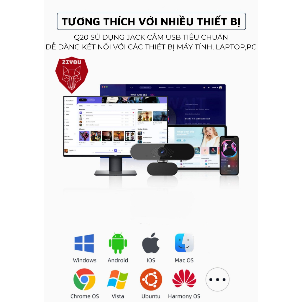 Webcam Máy Tính PC Laptop Ziyou Q-20 Độ Phân Giải 2K Có Mic Camera Trợ Sáng Cực Nét