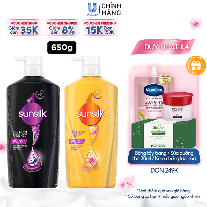 Dầu gội Sunsilk 650g làm sạch và mềm mượt tóc gấp 5 lần, cho mái tóc ngát hương suốt 48h