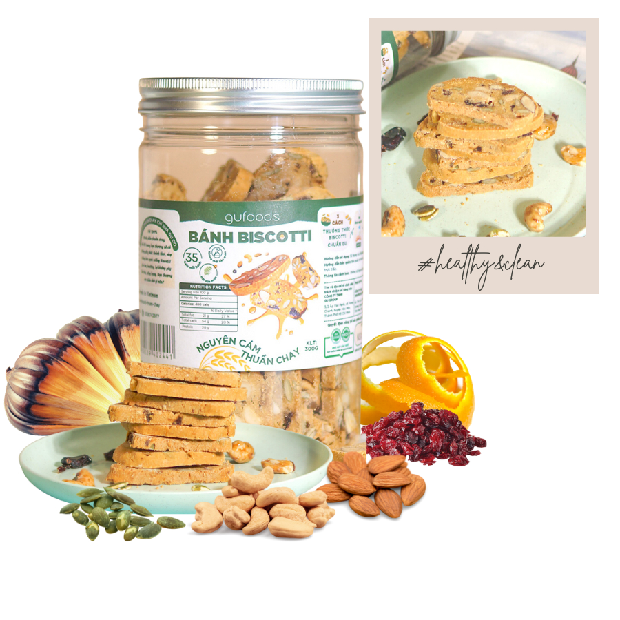 Bánh Biscotti nguyên cám thuần chay GUfoods (Hũ 300g) - Lành mạnh, Thơm ngon, Phù hợp Ăn kiêng, Eat clean - Bánh kẹo Tết