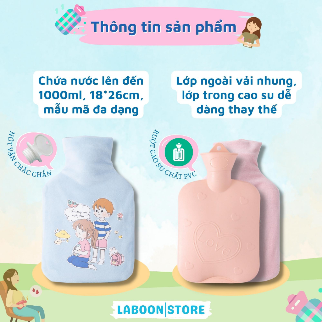 Túi chườm ấm đa năng LABOON chất liệu cao su PVC 1000ml giữ nhiệt sưởi ấm đa năng lông nhung mềm mại