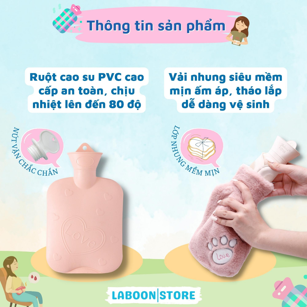 Túi chườm ấm đa năng LABOON chất liệu cao su PVC 1000ml giữ nhiệt sưởi ấm đa năng lông nhung mềm mại