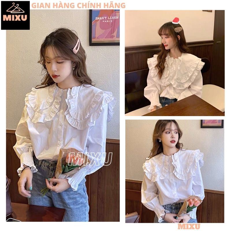 Áo sơ mi trắng cổ sen bèo tầng dài tay bo ống cực xinh, Áo kiểu sơ mi tay phồng bo chun phong cách hàn quốc ulzang - WIN
