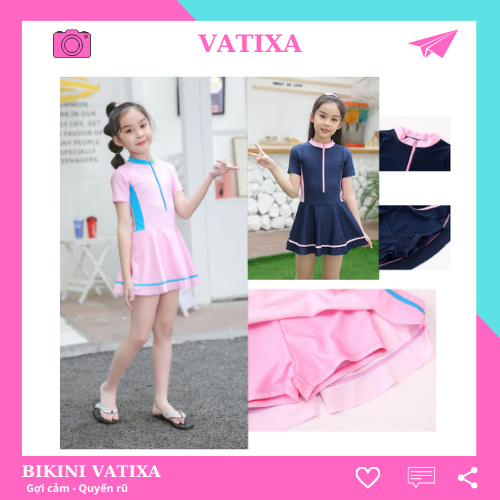 Bộ váy bơi cho bé gái ngắn tay màu hồng xinh xắn VATIXA BG01