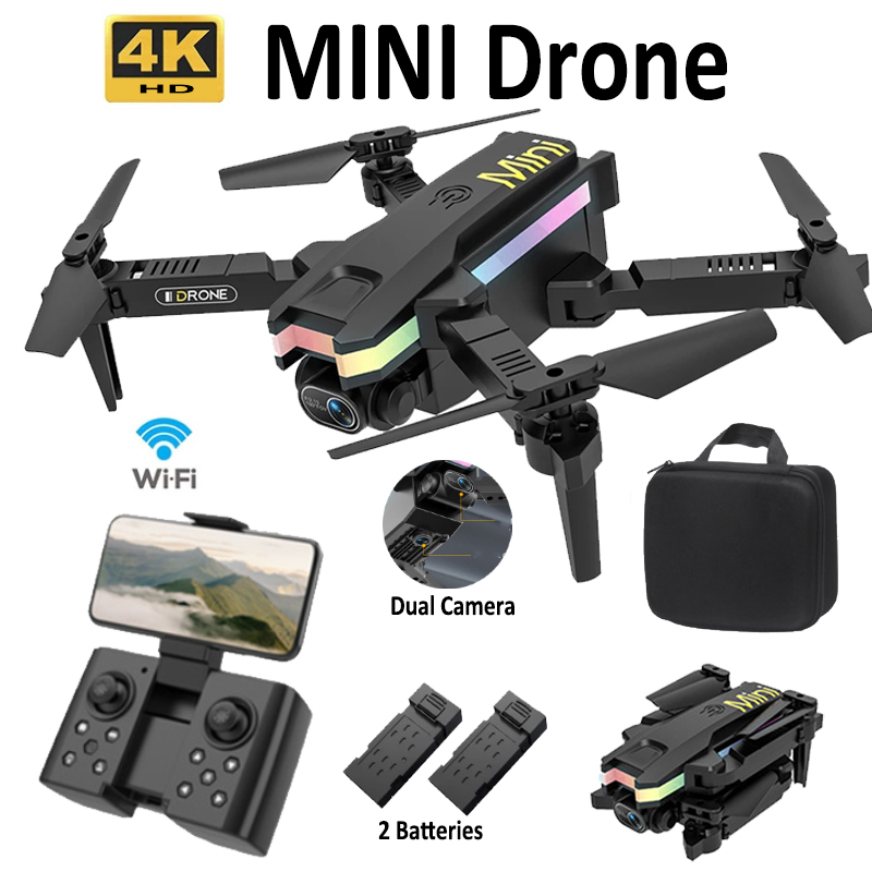 Máy bay không người lái Mini với camera kép 4K và 2 pin, đèn LED 6 trục, đồ chơi RC cho trẻ em và người mới bắt đầu