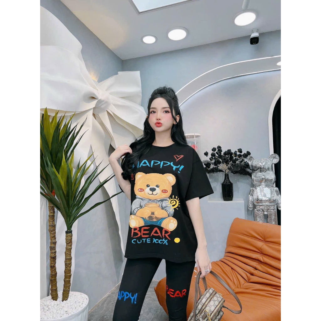 [4.4 Sales Freeship] Bộ thun nữ mặc đi chơi, set áo thun from rộng in hình gấu cute phối quần ôm dài đơn giản thoải mái