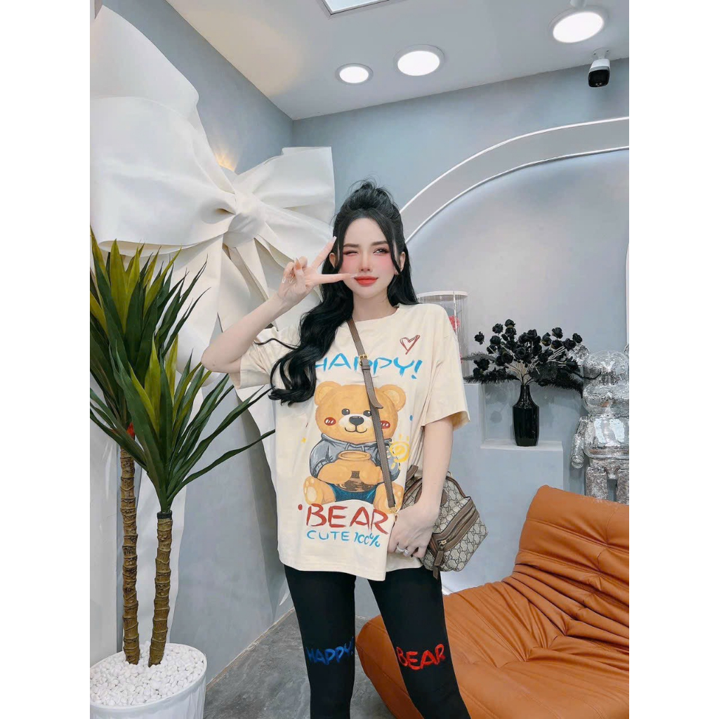 [4.4 Sales Freeship] Bộ thun nữ mặc đi chơi, set áo thun from rộng in hình gấu cute phối quần ôm dài đơn giản thoải mái