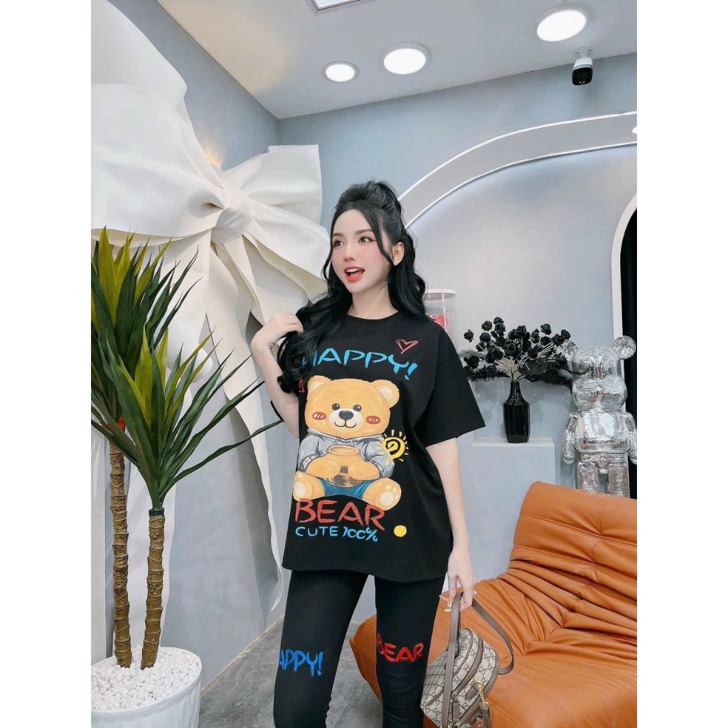 [4.4 Sales Freeship] Bộ thun nữ mặc đi chơi, set áo thun from rộng in hình gấu cute phối quần ôm dài đơn giản thoải mái