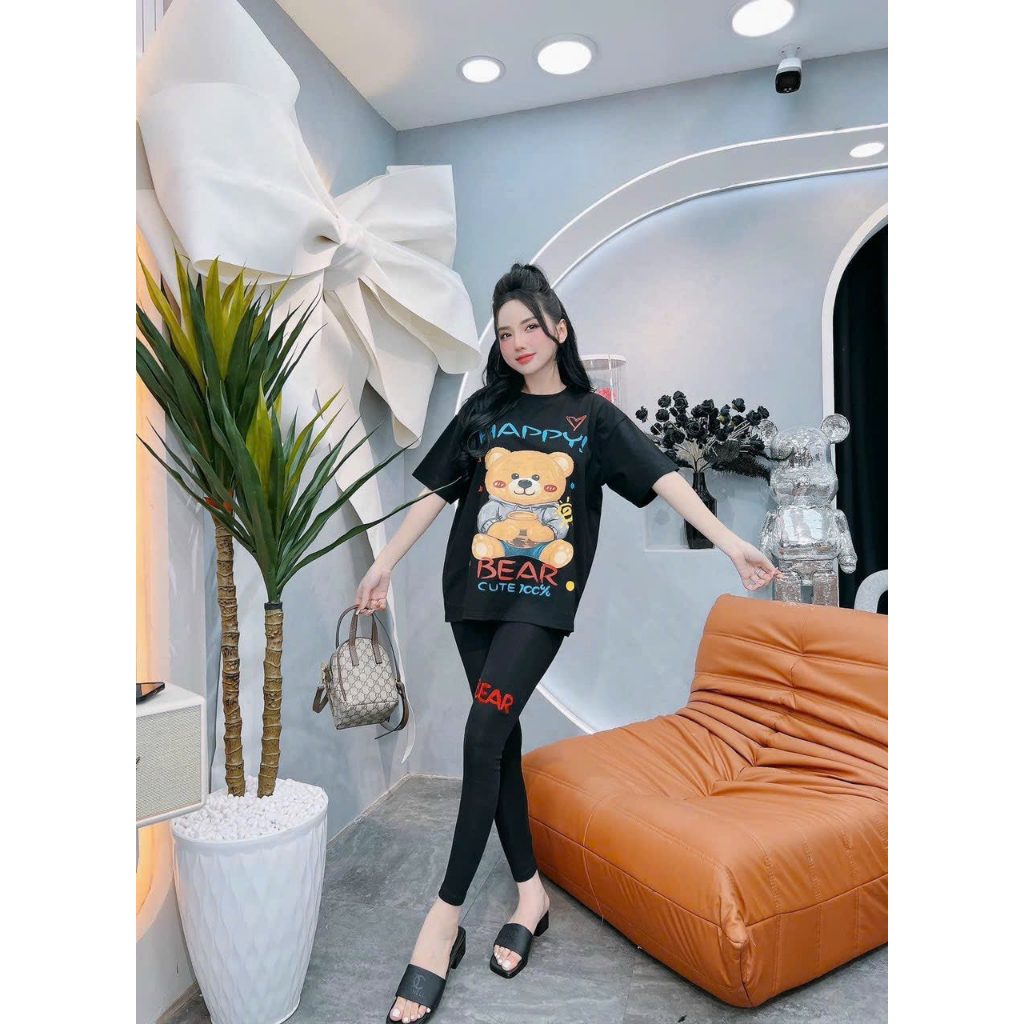 [4.4 Sales Freeship] Bộ thun nữ mặc đi chơi, set áo thun from rộng in hình gấu cute phối quần ôm dài đơn giản thoải mái