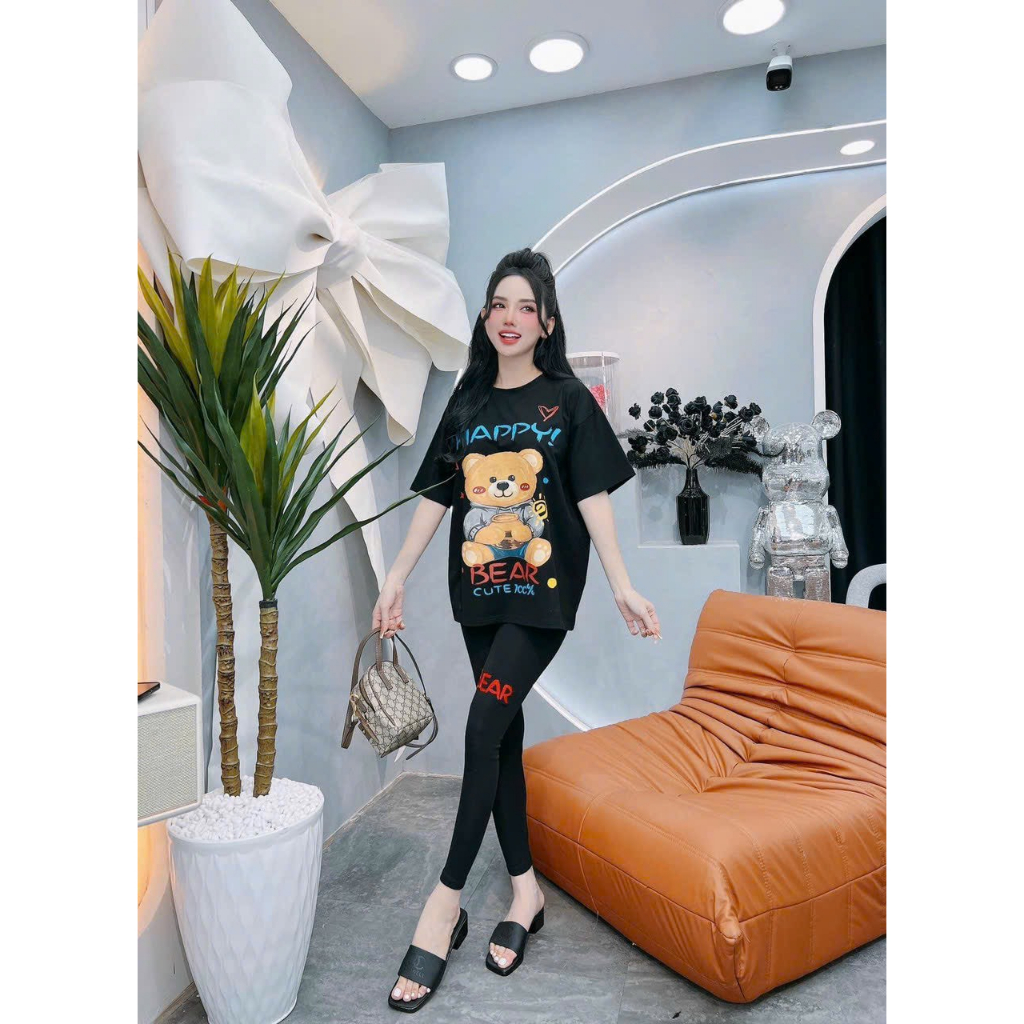 [4.4 Sales Freeship] Bộ thun nữ mặc đi chơi, set áo thun from rộng in hình gấu cute phối quần ôm dài đơn giản thoải mái