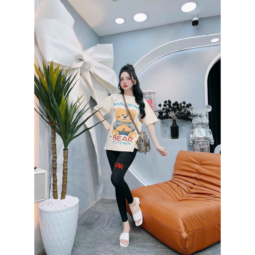 [4.4 Sales Freeship] Bộ thun nữ mặc đi chơi, set áo thun from rộng in hình gấu cute phối quần ôm dài đơn giản thoải mái