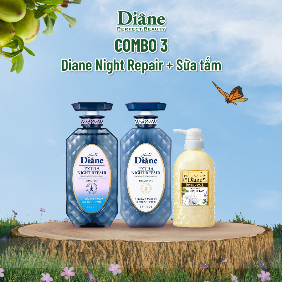 Combo gội xả phục hồi chuyên sâu tóc hư tổn Moist Diane Extra Night Repair 450mlx2 + sữa tắm Diane