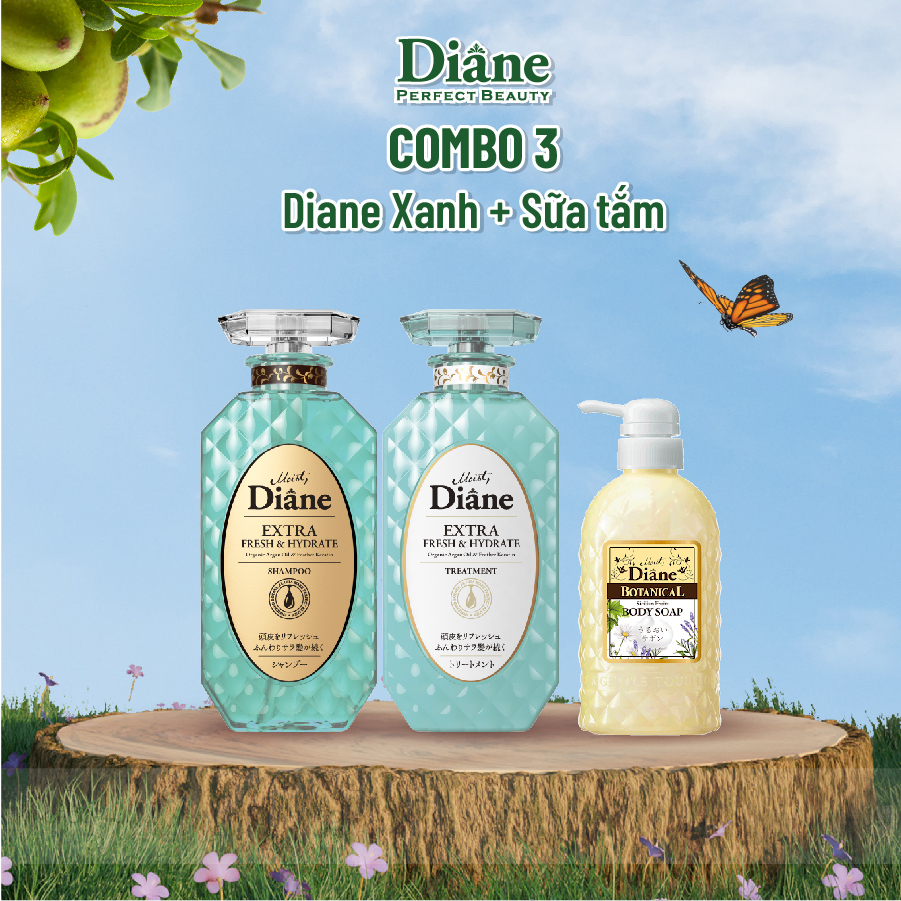 Combo gội xả kiềm dầu Moist Diane Extra Fresh &amp; Hydrate 450mlx2 + sữa tắm Diane