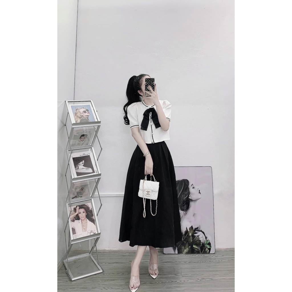 Set váy nữ tiểu thư phối áo croptop nơ viền thời trang công sở, dạo phố, váy đầm dự tiệc QA