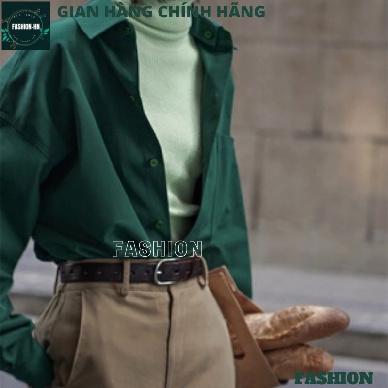 Áo sơ mi dáng rộng dài tay màu xanh cổ vịt chuẩn Vintage cho nàng phong cách đơn giản basic ulzang Hàn Quốc FASHION