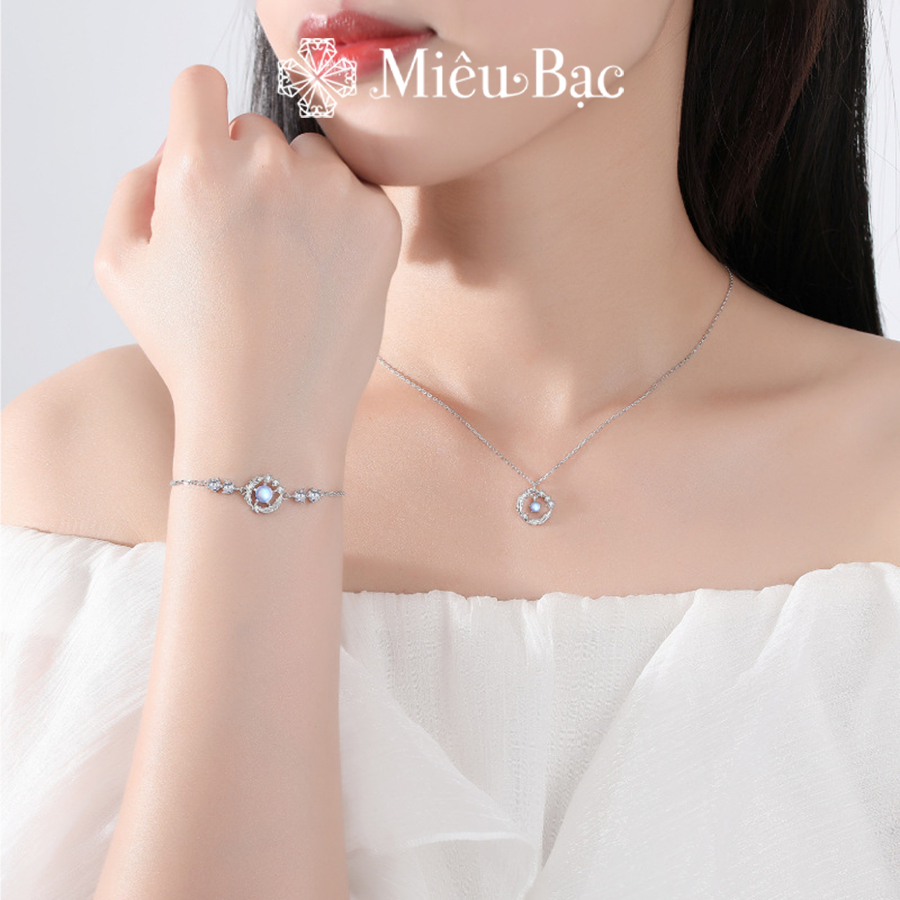 Lắc Tay bạc nữ lông vũ đá mặt trăng moonstone Miêu Bạc vòng tay nữ chất liệu bạc 925 phụ kiện trang sức nữ MT12