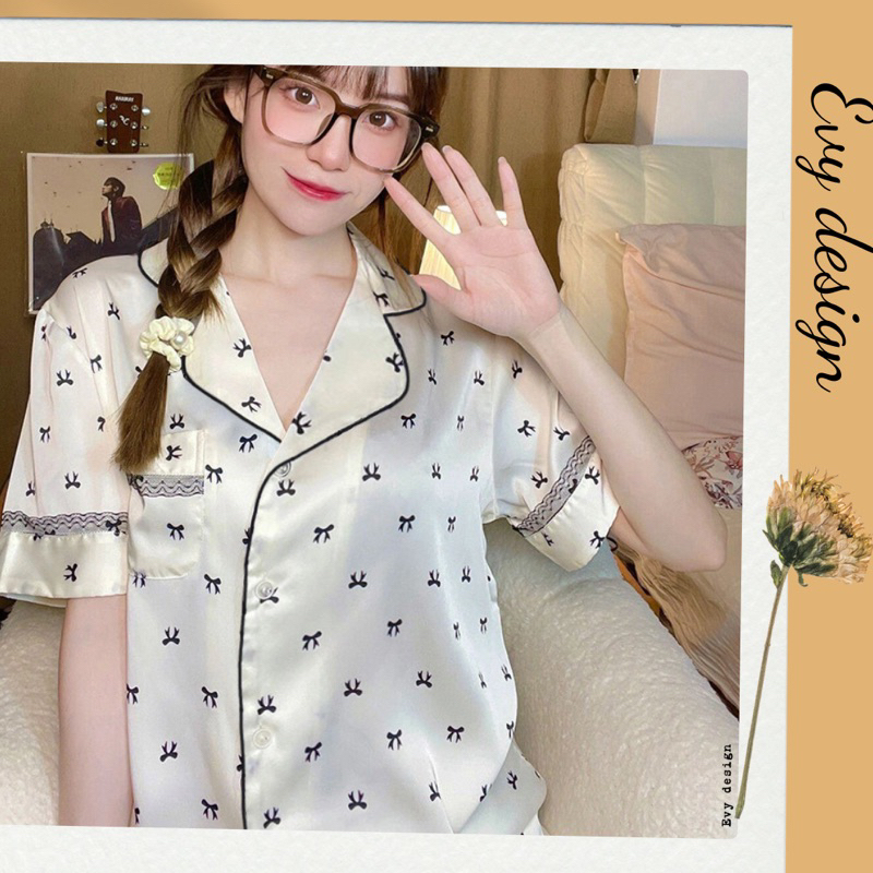 Bộ đồ mặc nhà cộc tay, bộ pyjama lụa dễ thương mùa hè cho nữ hàng Quảng Châu (BN024)