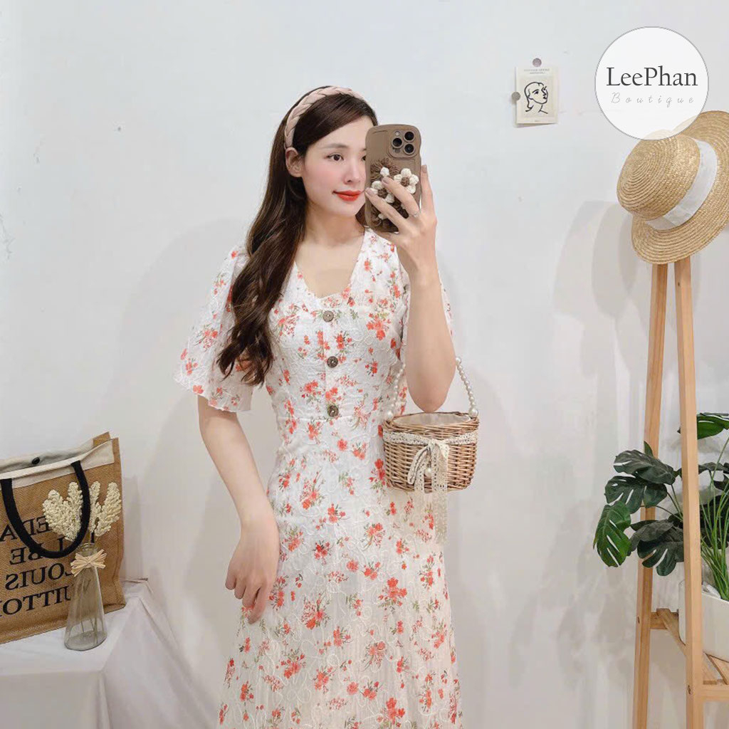 Đầm kate hoa cam cổ tim đi làm, đi chơi hay dạo phố đều phù hợp