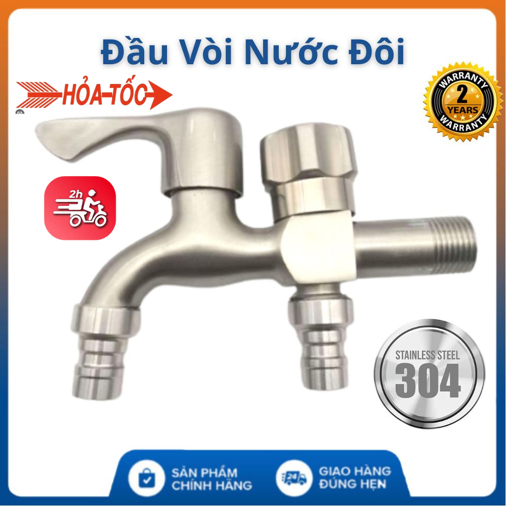 Vòi nước đôi 2 đầu ra inox 304 cao cấp SL02, 01 đầu vào DN15 lắp cho ống D21mm và 2 đầu ra - Bảo hành 24 tháng