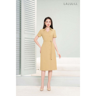 Đầm công sở cổ Đức LALULILL đai eo khuyên D màu vàng bơ LDL2300802