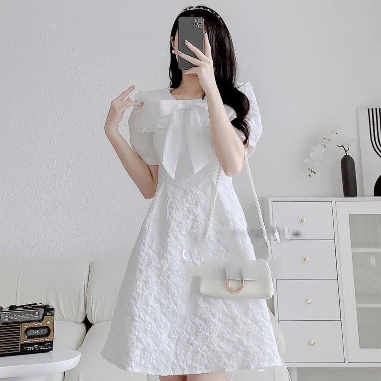 Váy Xốp Hoa Cổ Bèo Nơ Tiểu Thư, Váy Xinh Phối Nơ Voan Xinh Xắn | BigBuy360 - bigbuy360.vn