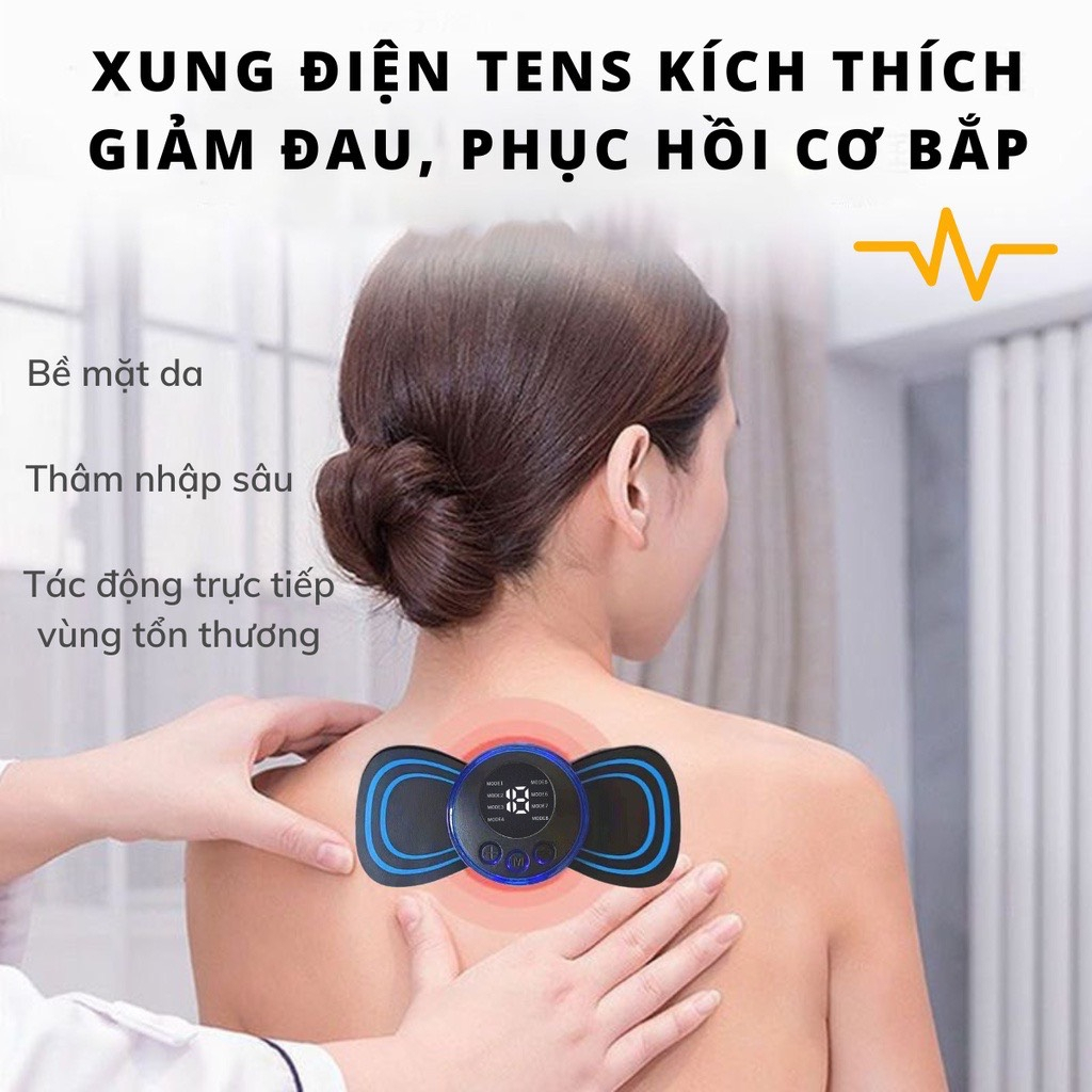 Miếng Massage Xung Điện Cổ Vai Gáy, Bắp Tay, Lưng Bằng Sung Điện Hình Nơ- Máy Mát Xa Thân Hình 8 Chế Độ