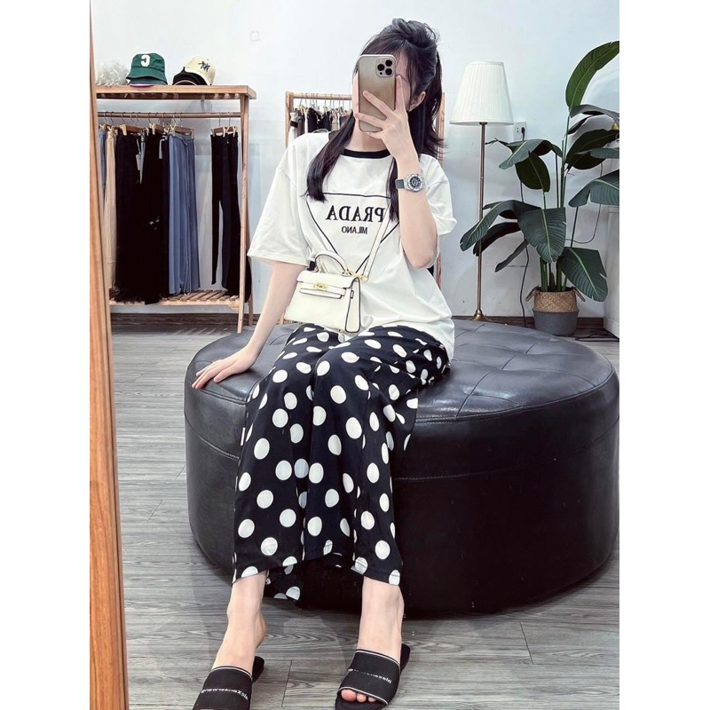 Bộ Ngủ Pijama mặc nhà xước ngắn tay CỔ TRÒN PRADA