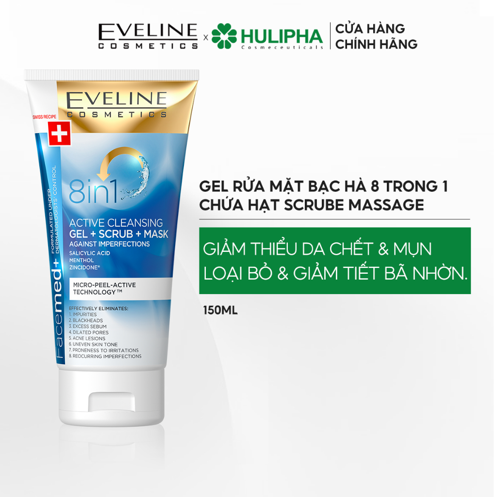 Gel Rửa Mặt Face Med+ 8in1 EVELINE Giúp Loại Bỏ Tạp Chất, Mụn Đầu Đen Và Bã Nhờn 150ml
